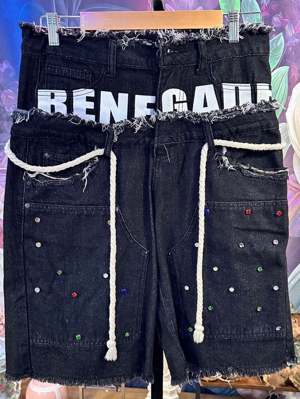 Renegade Cotton Denim Rhinestone Fray Shorts Y2K Streetwear Festival Grunge